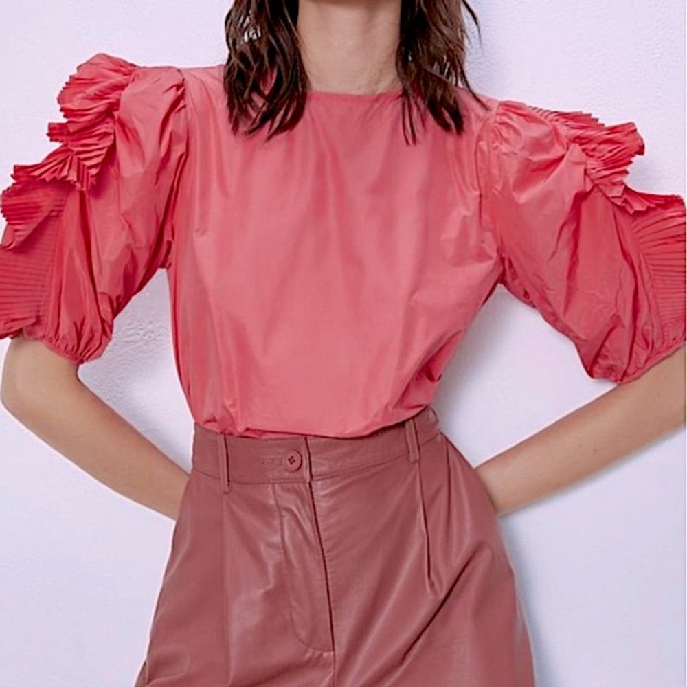 Zara coral ruffle taffeta blouse Small